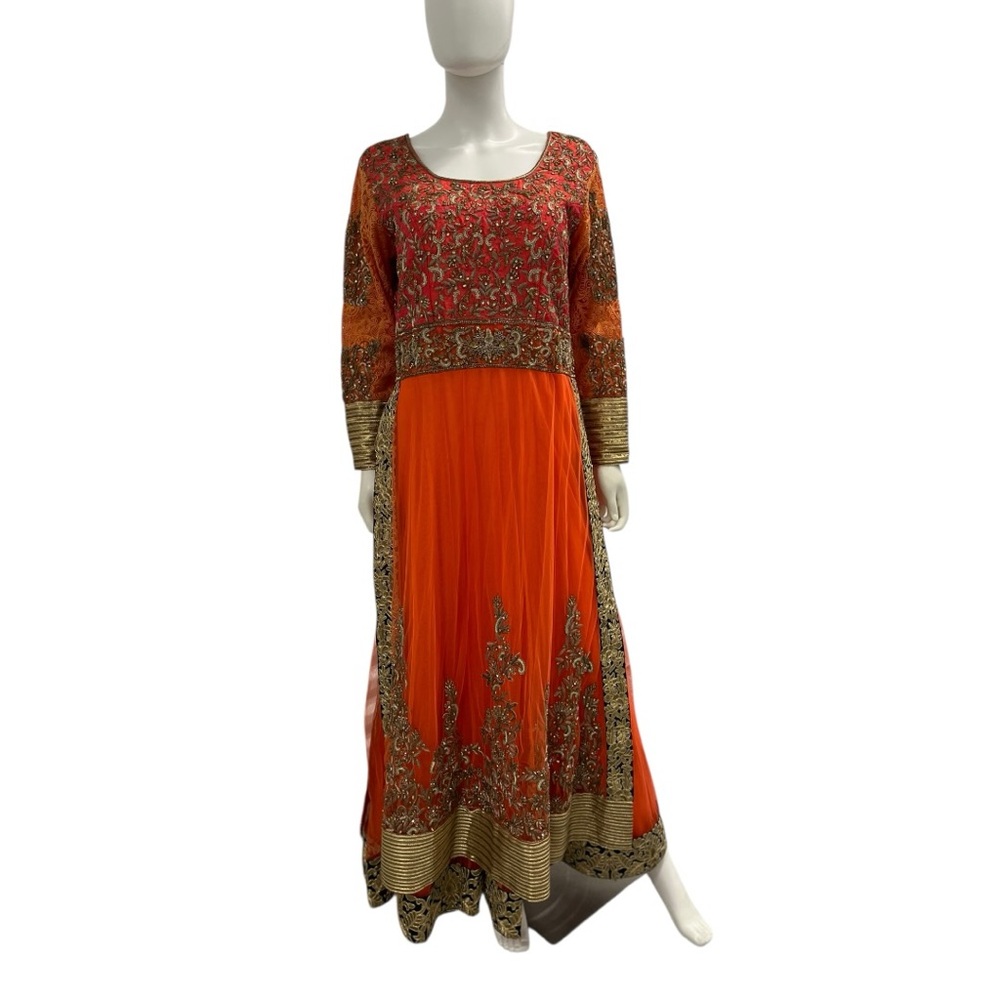 BOLLYWOOD FORMAL Beaded Ball Gown Women’s L Orange Full-Length Evening Dress - Picture 3 of 10